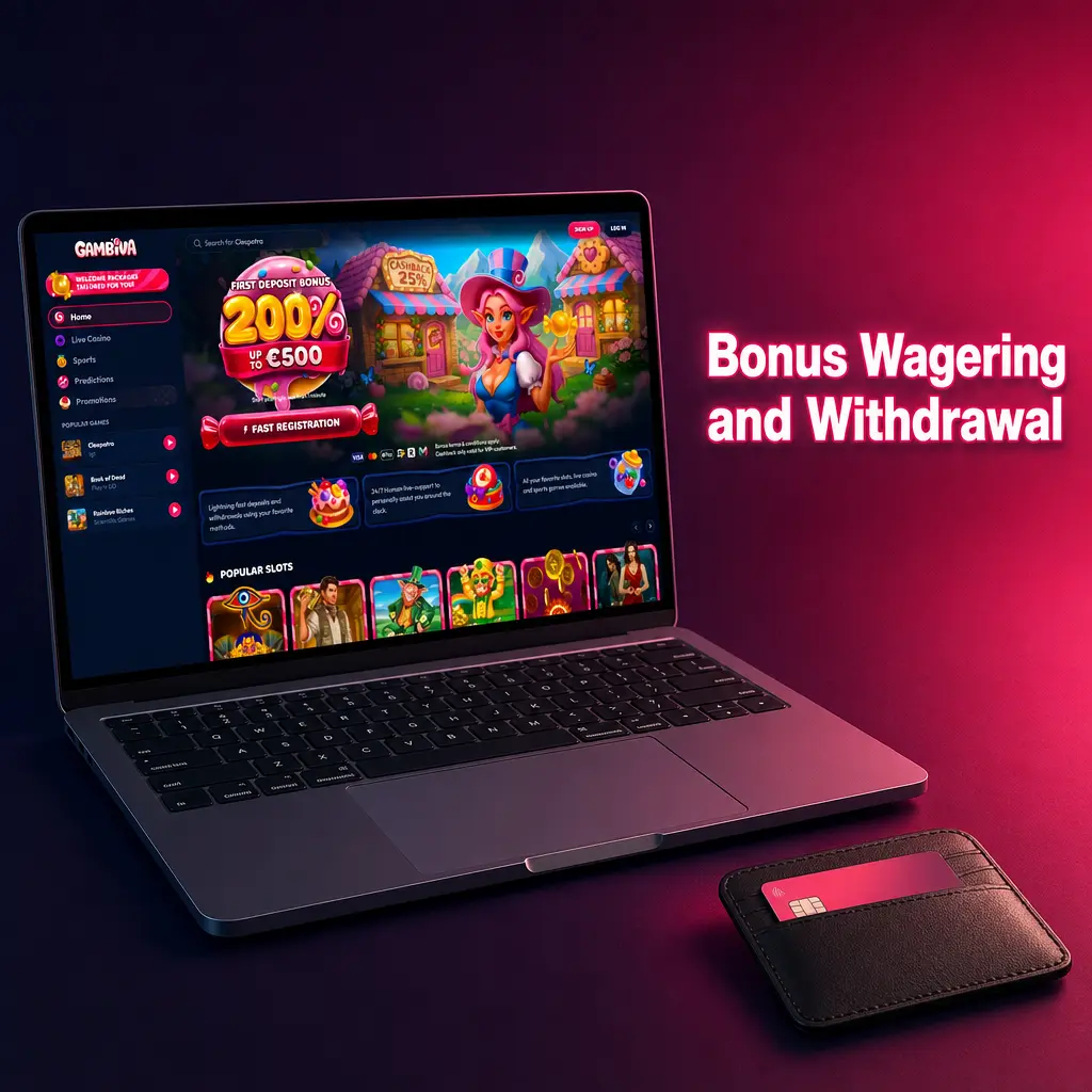 Gambiva account dashboard showing bonus balance, wagering progress, and withdrawal requirements for casino bonus funds.