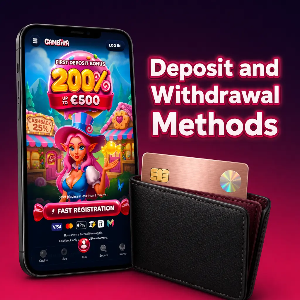 Gambiva deposit and withdrawal methods including Visa, Mastercard, Skrill, Neteller, Bitcoin, Ethereum, and Trustly