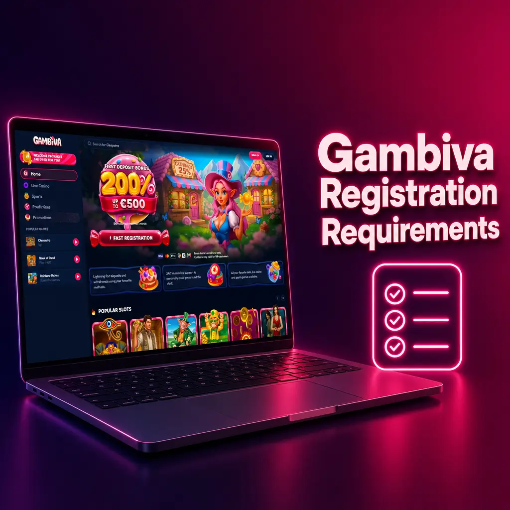 Gambiva registration checklist showing UK age, ID, address and account verification requirements for players.