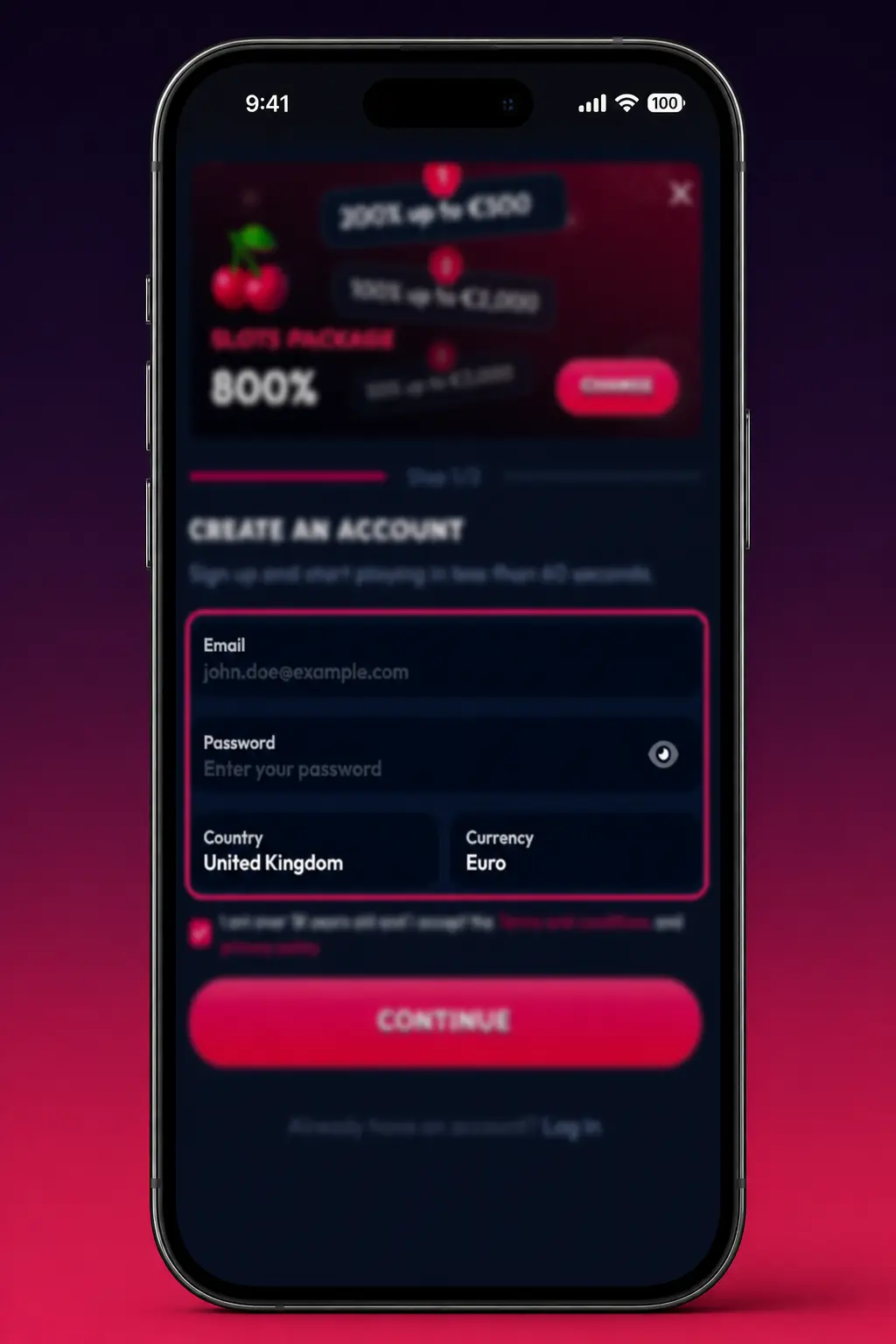 Gambiva sign up form screenshot showing registration fields for mobile or email account creation