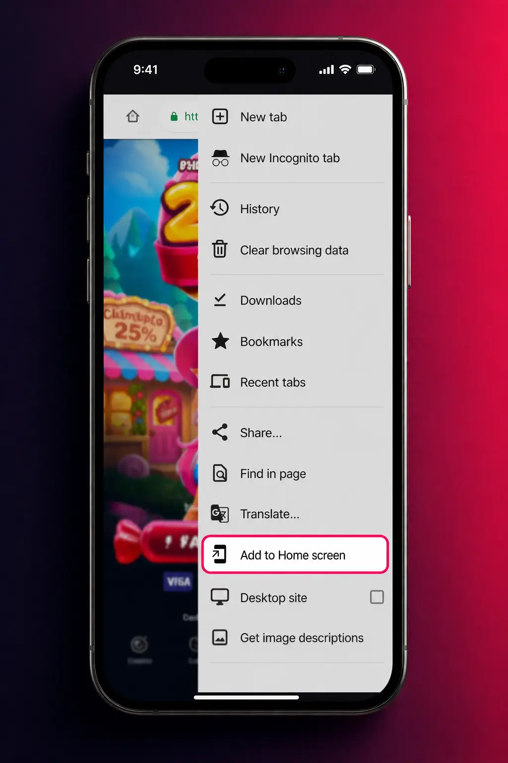 Step-by-step guide showing how to add the Gambiva PWA app icon to an Android home screen via Chrome browser menu.