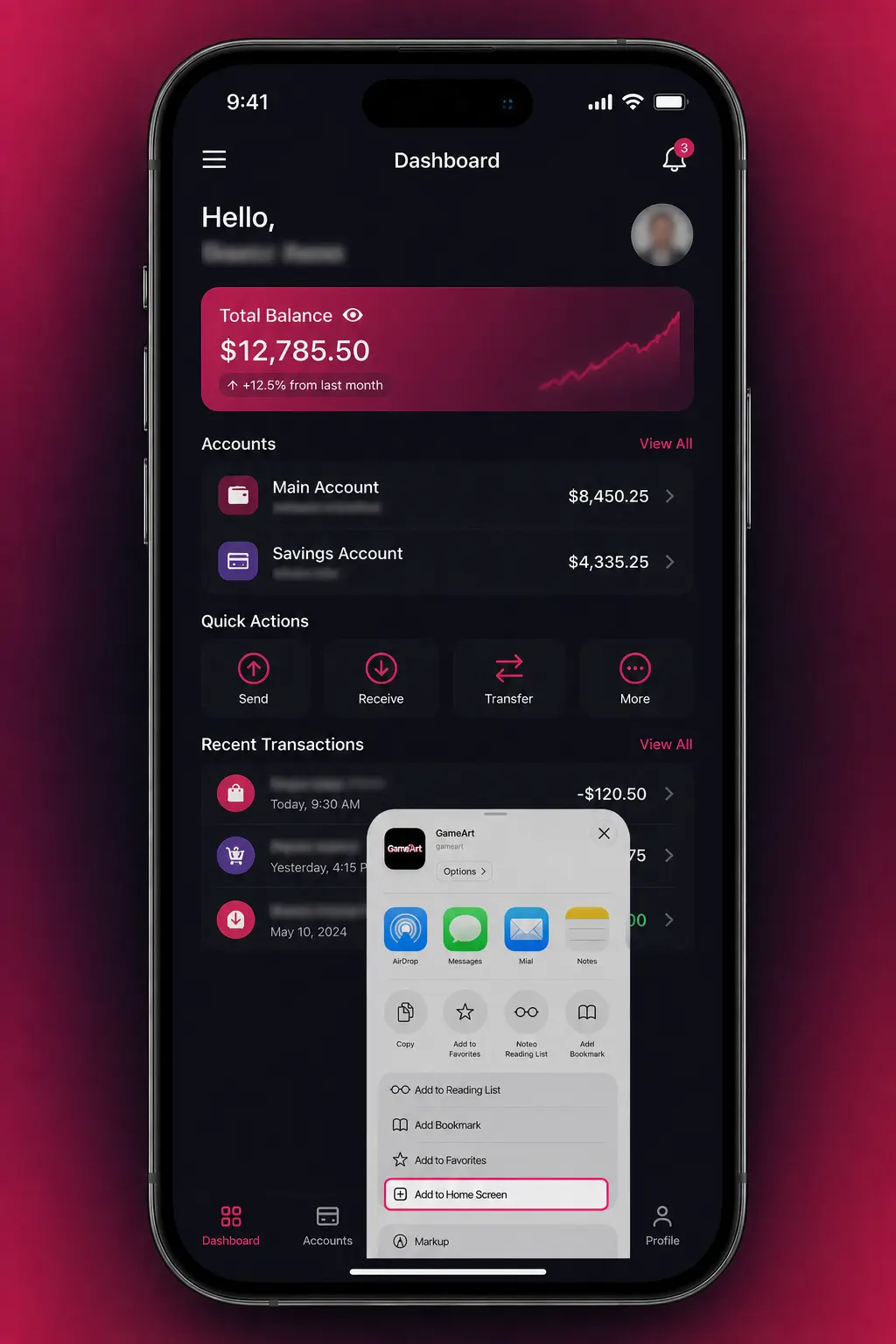 Step-by-step guide showing how to add the Gambiva PWA to an iPhone home screen using Safari's Share menu.