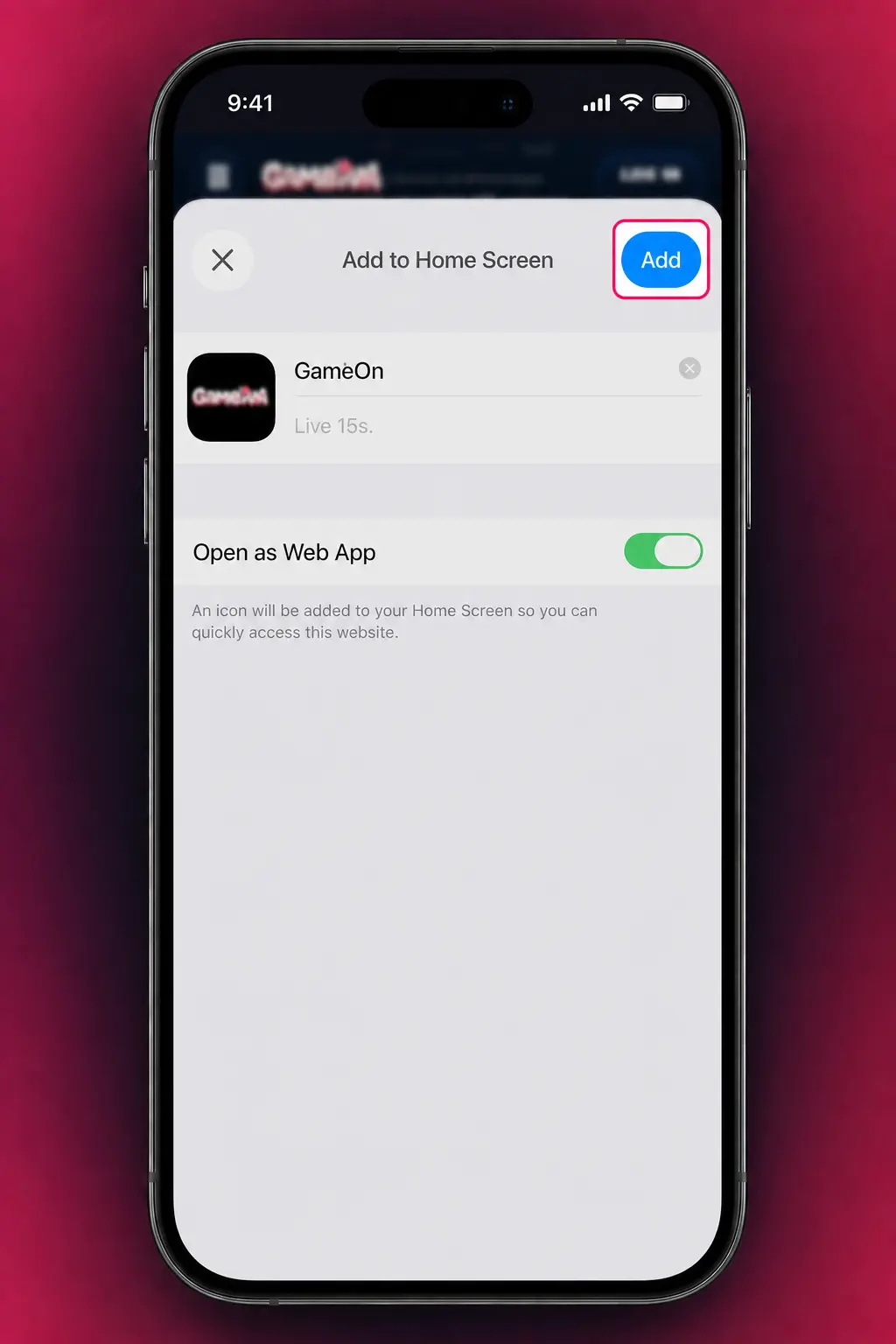 Step-by-step guide showing how to add the Gambiva PWA app to the iOS home screen using Safari's Share menu.