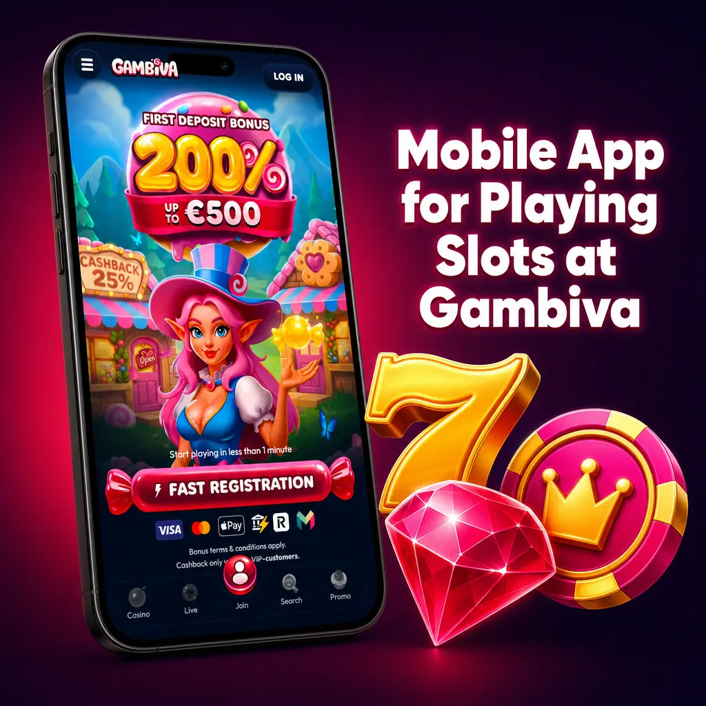 Gambiva mobile app interface showing slot games lobby, navigation menu, and gameplay controls on a smartphone screen.