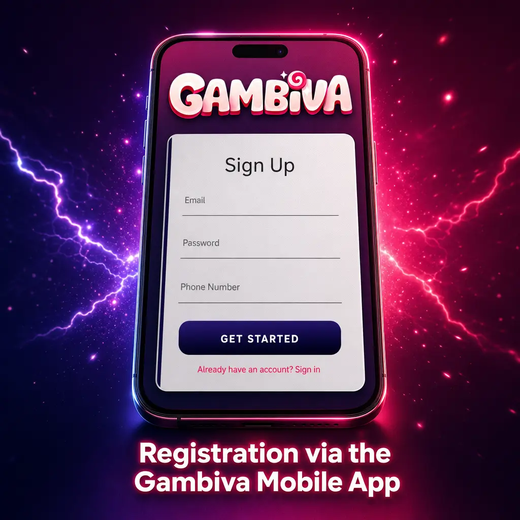 Screenshot of the Gambiva mobile app registration screen showing sign-up form fields and biometric login setup.