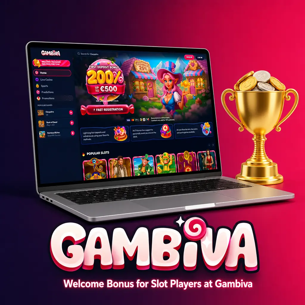 Gambiva welcome bonus: 800% slots match up to €10,000 for new players, plus reload offers and cashback for existing members.
